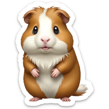 cinematic-[guinea pig]-realistic-full- long elongated body-standing-emoji,-tiny-paws-tucked-close,-head-tilted-dramatically,-fluffy-[brown and white]-fur,-simplified-yet-realistic-focused-features,-highly-detailed,-glowing-with-an-almost-sarcastic-glow sticker