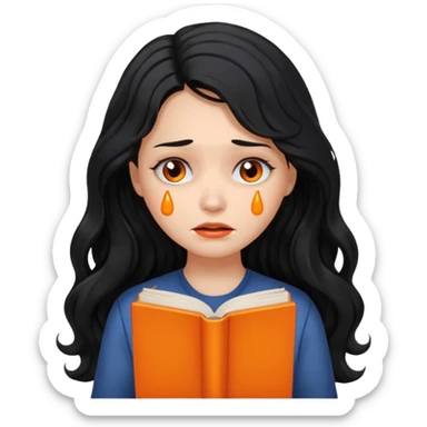 Long Hair Women with orrange Book, Black wavy hair, sad, crying

 sticker