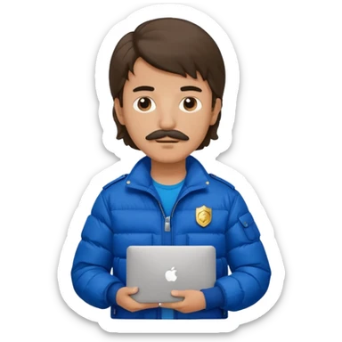 generate an ios genmoji of a 20 year old boy with shoulder length hair and a mullet. cop mustache. carrying a macbook and wearing a puffer jacket sticker