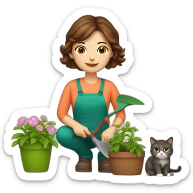 48 year old woman with brown hair gardening with cat sticker