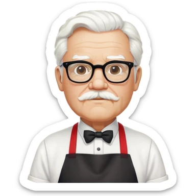 Colonel Sanders KFC, old man with white hair and white goatee, wearing black square glasses, white T-shirt and red apron sticker