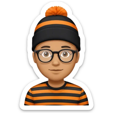 Man with glasses wearing a black and orange striped shirt and a black and orange striped beanie sticker