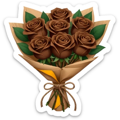 Bouquet of dark  dark brown roses in a paper package sticker