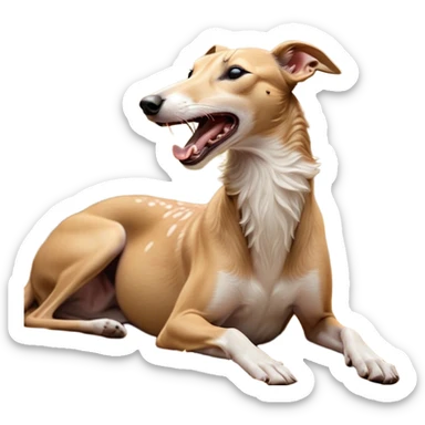 Cinematic Cute Yawning Fawn Greyhound Portrait Emoji, Head tilted slightly with a dramatic, wide-open yawn, showcasing a smooth fawn Fur with a refined finish, floppy ears slightly drooping, round eyes barely open in drowsy contentment, Simplified yet irresistibly adorable features, highly detailed, glowing with a soft, cozy glow, high shine, relaxed yet expressive, stylized with a touch of whimsy, bright and endearing, soft glowing outline, capturing the essence of a sleepy yet affectionate companion, so drowsy it feels like it could stretch out of the screen and curl up for a nap! sticker