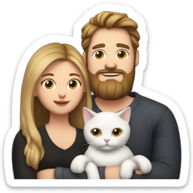 Family photo a fat husband with a beard is holding a white cat and wife with straight hair is holding another black cat sticker