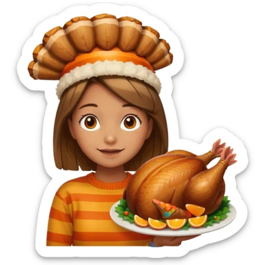 happy tan girl with an orange striped sweater and a cooked browned turkey on her head  sticker