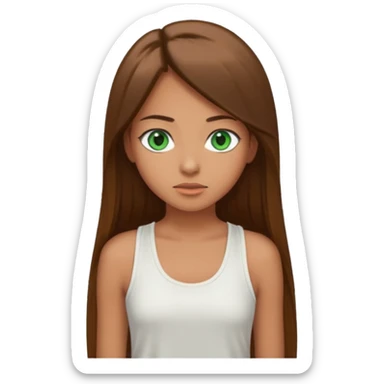 A girl with long brown straight hair, green eyes, and a white tank top; she doesn't have bangs. tan skin sticker