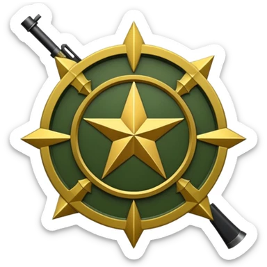 Insignia militar realista para videojuegos de guerra (estilo Delta Force), forma de escudo metálico con bordes desgastados. Incluye:

Símbolo: [fusiles cruzados / águila / estrellas / espada] Insignia redonda con fusil cruzado y una estrella, metal rayado, verde oliva y negro. sticker