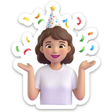 3D emoji style character with short tousled brown hair, light skin, white shirt, festive party vibe, party hat, confetti, big smile, fun expression, fiestero emoji sticker