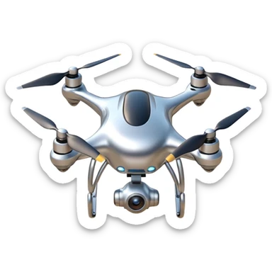 A futuristic drone emoji made of polished silver chrome, smooth rounded body, minimal propellers, reflective metallic surface, soft studio lighting, iOS emoji style, centered, clean white background sticker