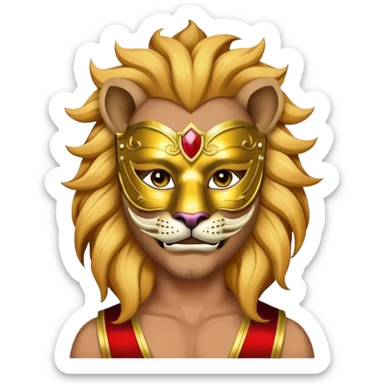 a man, with a vest,  wear half-face golden Lion masquerade mask sticker