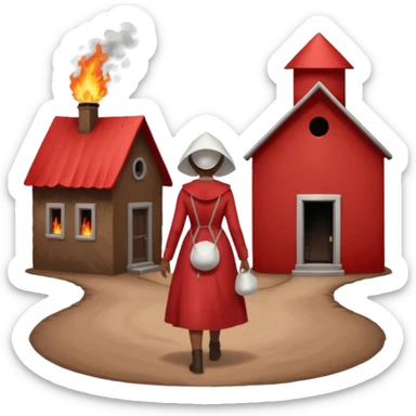 handmaids tale style woman burning house down walking away from house. shes wearing the nun hands maid tale hat cant see her face with brown hair shes wearing the red handmaids tale costume with white bonnet sticker