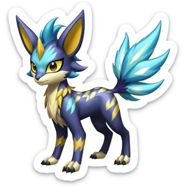 Shiny colorful exotic Feral Scaly Striking Slaying Badass Evil Handsome Lightning-patterned Zig-zagged buzzy fuzzy Meloetta-Renamon-Luxray-Cobalion-Suicune-Vernid-fusion-hybrid-creature, full body  sticker