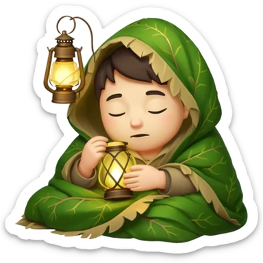 sleepy forest character wrapped in leaf blanket holding glowing lantern half asleep sticker