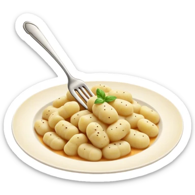 Gnocchi Cinematic Realistic Gnocchi Dish Emoji, depicted as tender oblong potato gnocchi garnished with iconic fork marks on top, rendered with soft textures and warm, inviting lighting. sticker