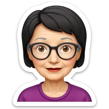 elderly woman with wrinkles, glasses, short black hair, friendly expression, Apple emoji style sticker