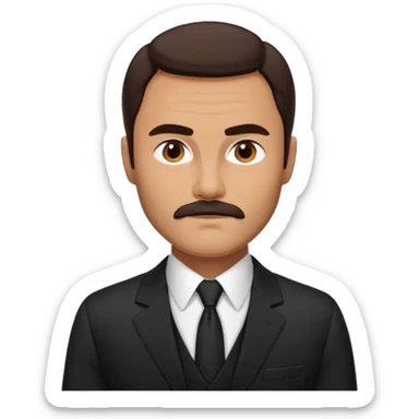 John Saxon with dark brown hair and short mustache, black suit, tan skin sticker