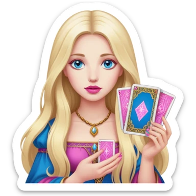 A realistic blonde with long hair and blue eyes and pink lips holds tarot cards in her hands sticker