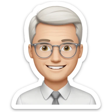 30 yr old pale white man, white/grey side swept stylish hair, round glasses, big smile, white teeth, handsome, longer hair, thin glasses, white dress shirt, smooth forehead, botox, no tie, open collar sticker