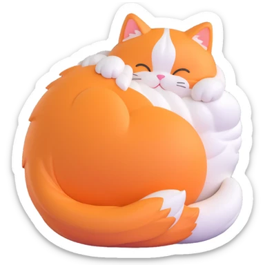 Turn this fluffy orange and white cat, curled up with its back turned, into a 3D iOS-style kawaii emoji. Make it look cute, rounded, and shiny, with a soft, playful expression. No text, just the cat in 3D kawaii style. sticker