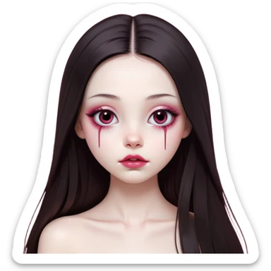 girl with white skin, dark brown long realistic straight hair with middle part prominently falling in front of her body over her shoulders, lips with reddish-pink shiny lip gloss and absolutely no cupid's bow, simple big round eyes with very black shiny eyeballs with no makeup at all, completely bare natural eyes, no colored eyelids, no eyeshadow, no eyeliner, natural eyelashes, light pink blush on cheeks, lighter button nose, exceptionally elongated very long oval-shaped face, wearing a pink off-shoulder top, looking directly at camera with hands down at sides sticker