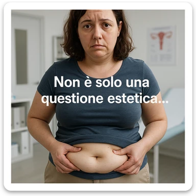 adult woman with PCOS, simple clothing, showing fat accumulation on belly, worried expression, clinical environment, Italian text: 'Non è solo una questione estetica…', realistic details, 4K quality sticker