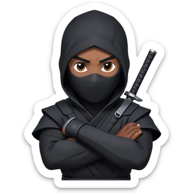 clash-of-clans-aesthetic_-cinematic-mysterious-male-ninja-portrait-emoji, rendered in a flat, vector-style with minimal shading and bold, simplified shapes, his arm is stretched out  with a head slightly turned revealing intense, focused eyes. the ninja has his arm out and perched on top of his forearm is  a black crow sticker