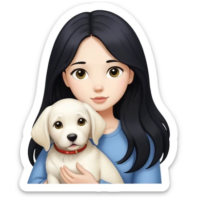 A beautiful girl with long black hair and fair skin is holding a white Labrador sticker
