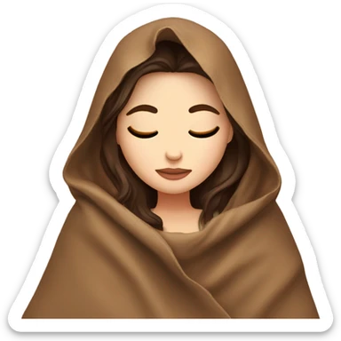 White girl brunette inside a brown blanket sipping coffee eyes closed sticker
