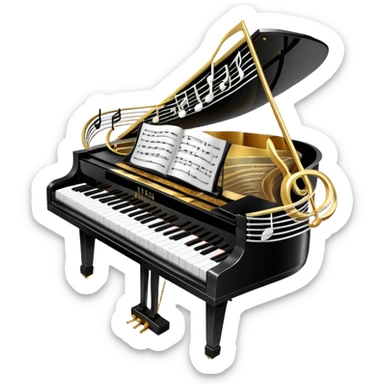 Create an elegant and festive emoji collage representing keyboard instruments, styled like a heraldic emblem. The design should feature a central focal point of black and white piano keys, arranged in a semi-circular or shield-like shape. Around the piano keys, add intertwining musical notes that form flowing ribbons, creating a dynamic and celebratory atmosphere. The design should be professional, with polished silver and gold accents on the keys and notes, highlighting the luxury and sophistication of the instruments. Add subtle shading and lighting effects to give the design a refined, 3D appearance. The background should remain transparent, and the overall feel should evoke grandeur, artistry, and a sense of celebration. sticker