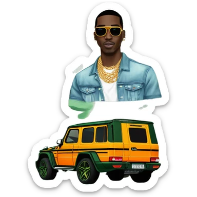 rapper,Young Dolph luxury clothes,blue diamond chain on,near his car, just opened drivers side car door to his all orange and green colored,whole car painted army camouflage, Mercedes G Wagon sticker