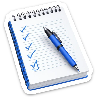 Close-up of a blue pen or pencil writing a bold checkmark on a notebook. Minimalist, modern style, with clean lines and emphasis on the checkmark sticker