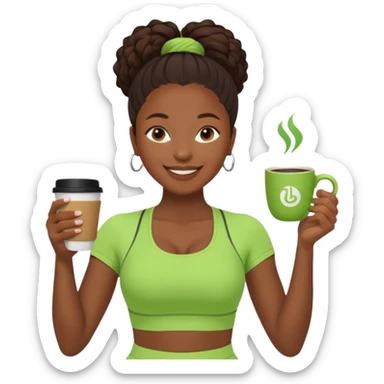 A black woman drinking a coffee dressed in a Lululemon co-ord green fit sticker