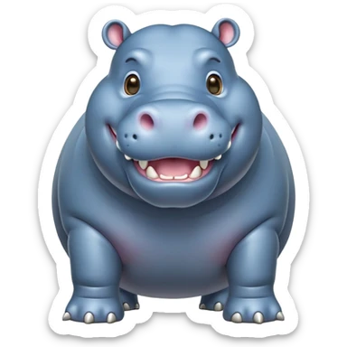 cinematic-hippo-realistic-full-body-side-view-standing-on-all-fours-emoji,-massive-round-frame,-wide-mouthed-grin-exposing-huge-teeth,-head-tilted-dramatically,-thick-greyish blue-hide-glossy, big cute eyes sticker