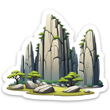 Kunming Stone Forest karst landscape Yunnan, simplified emoji style with bold outlines and bright colors, cartoon style tall rock formations sticker