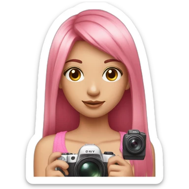 cute girl with long, straight rose hair with fringe and holding camera and wearing pink tank top sticker