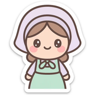 cute kawaii style emoji of an Amish girl in a bonnet and simple dress, blushing sticker
