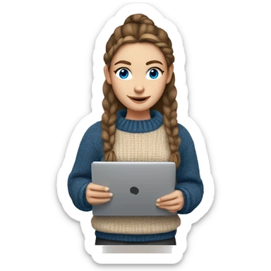 caucasian white IT girl student, holding laptop, blue eyes, brown hair ponytail wearing a thick sweater sticker