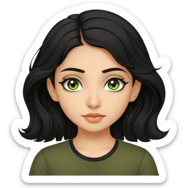 a pretty FAIR indian bratz girl with wavy black hair, wearing a black tee. eyeliner on, olive green eyes.  sticker