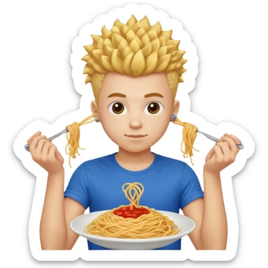 una persona de 18 años marron clarito con el pelo amrillo rizado con una camiseta roja y azul con un logo circular dorado y levantando unos spagethis y que tenga el pelo para abajo con boicano sticker