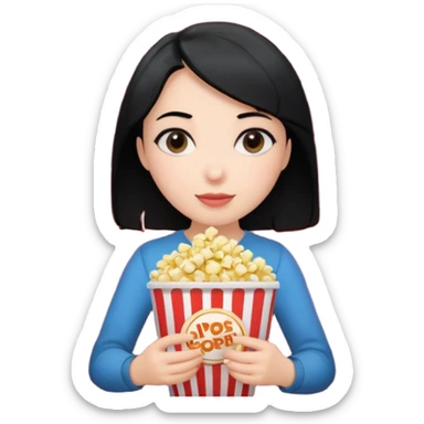 a girl with black hair holding popcorn in a cinema sticker