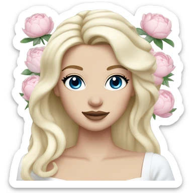 White bride with long light blonde hair and blue eyes with light pink peonies in hair white skin light pink lips sticker