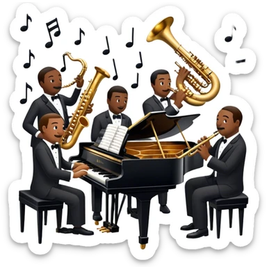 Icon for Jazz Music: Count Basie Orchestra, with Count Basie at the piano surrounded by jazz musicians playing instruments like saxophones, trumpets, and drums. Floating musical notes should capture the energetic and smooth vibe of big band jazz. Transparent background. sticker