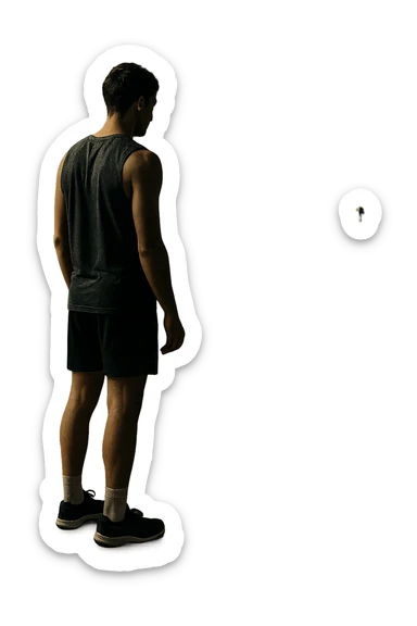 cinematic a person stands alone on a running track or in a fitness studio, glancing toward an empty coach’s chair or whistle hanging on a hook. The absence of the coach is emphasized by a faint, transparent silhouette or shadow where the coach should be. The atmosphere is quiet and a bit disheartened. in italiano sticker