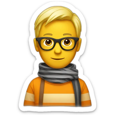 Club-Pengun-yellow penguin with black glasses dirtyblonde hair with orange tshirt and gray striped scarf sticker