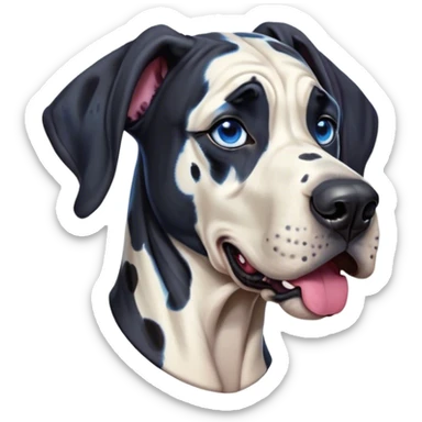 Cinematic Comical Harlequin Great Dane Portrait Emoji, Head tilted dramatically with an exaggeratedly shocked or amused expression, featuring a striking coat of predominantly white with vivid black patches, wide, expressive blue eyes filled with playful disbelief, Simplified yet hilariously expressive features, highly detailed, glowing with a slightly sassy glow, high shine, dramatic yet playful, stylized with an air of cheeky charm, bright and endearing, soft glowing outline, capturing the essence of a spirited and over-the-top guardian, so meme-worthy it feels like it could side-eye its way into internet fame instantly! sticker