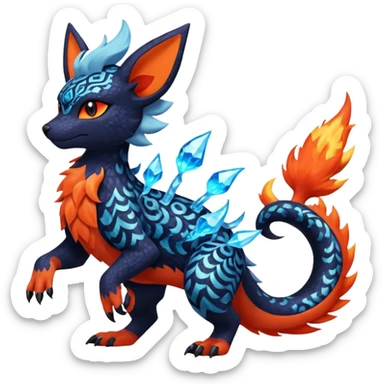 
Canine-Litten-Amaura-Salandit-Noibat-Flareon-Fakémon-fusion (full body) with intricate pattern markings sticker