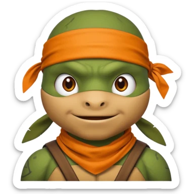 Donatello from Teenage Mutant Ninja Turtles, emoji style, head only, cute minimalistic style, with an orange bandana sticker