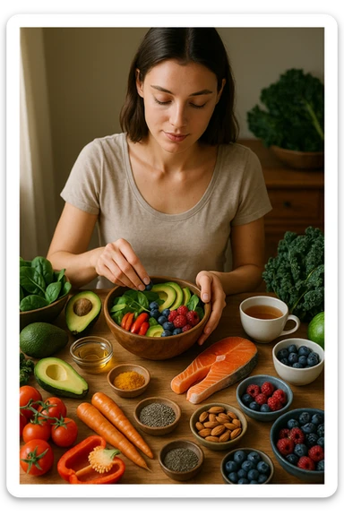 A realistic, cinematic flat-lay image of a clean wooden kitchen table filled with fresh, colorful whole foods known to help reduce androgen excess naturally. The table includes leafy greens like spinach and kale, avocados, berries, colorful vegetables, nuts, seeds (chia and flaxseeds), wild-caught salmon, and herbal teas, carefully arranged in an aesthetically pleasing, organized manner. A small glass bowl with olive oil and another with turmeric powder are included, emphasizing anti-inflammatory properties. In the scene, a young woman with clear, healthy skin and a calm expression is preparing a bowl with these ingredients, symbolizing a hormone-balancing diet. Warm, natural daylight streams in, creating a cozy and inviting atmosphere. The style is hyper-realistic 35mm photography, with vibrant yet soft colors, showcasing textures of the fresh produce and the peaceful vibe of using nutrition to support hormonal balance sticker