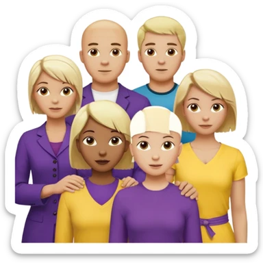 5 person team; 2 men and 3 women.  All dressed in yellow or purple.  1 caucasian woman with blonde mid length hair. 1 caucasian woman with blonde short length hair. 1 caucasian woman has ash blonde hair tied up. 1 man is African-american and bald, 1 man is caucasian and very little hair left.  
 sticker